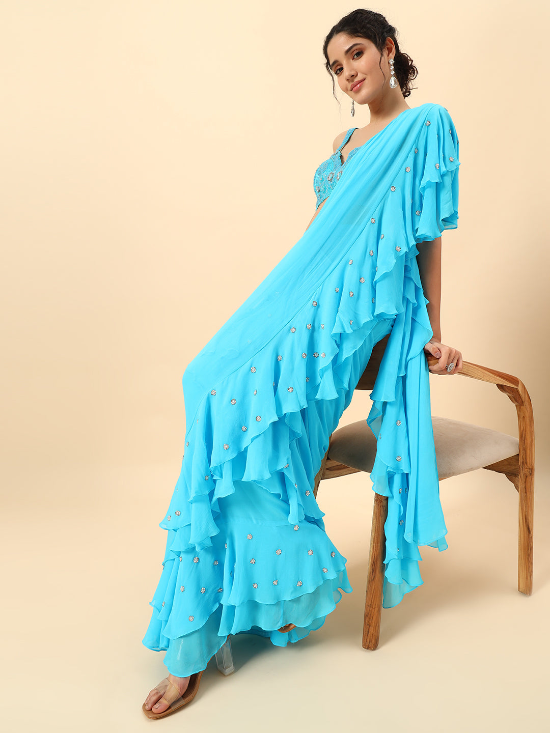 Beautiful Sky Blue Drape saree