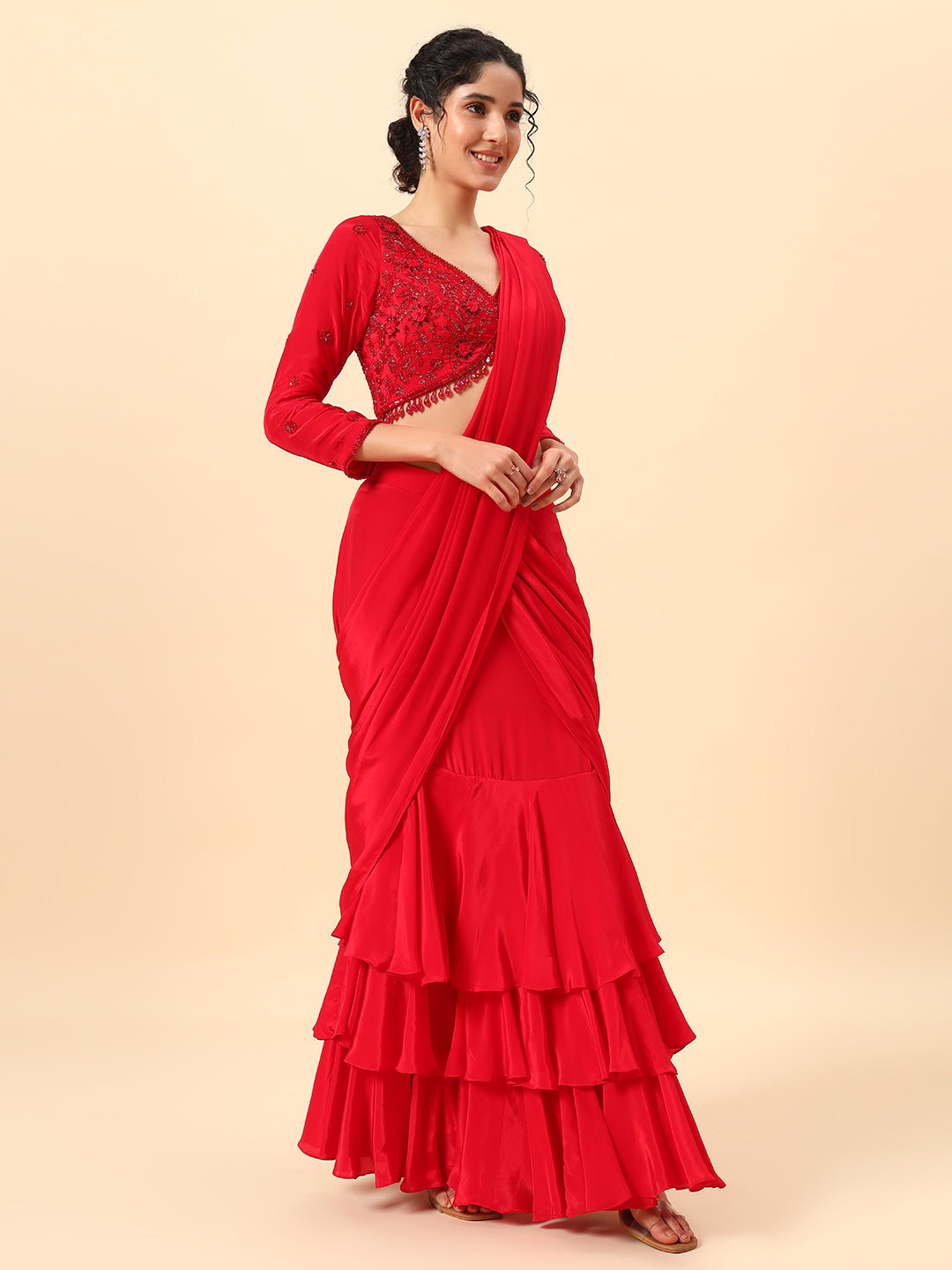 Beautiful Cherry Red Drape saree