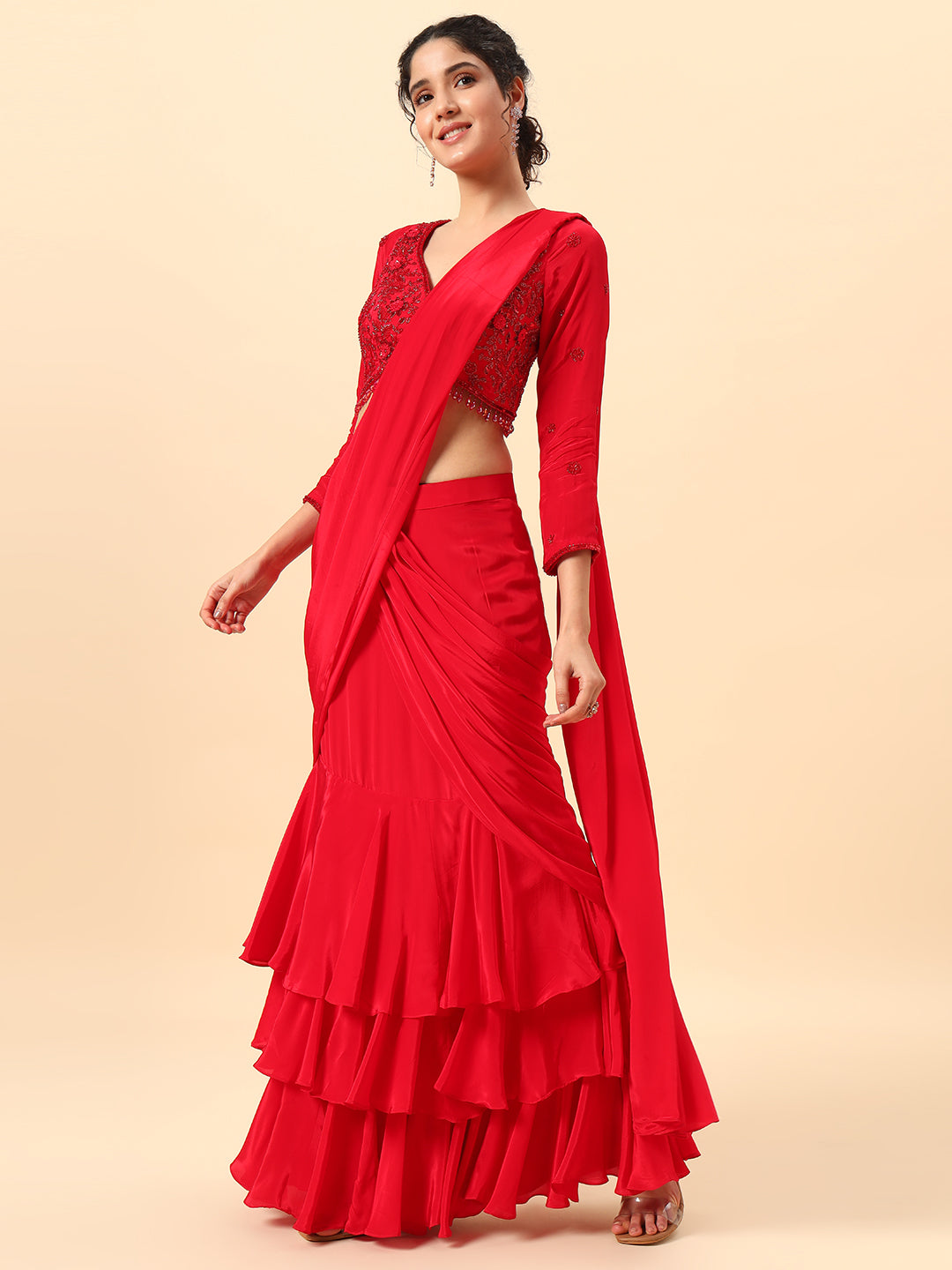 Beautiful Cherry Red Drape saree