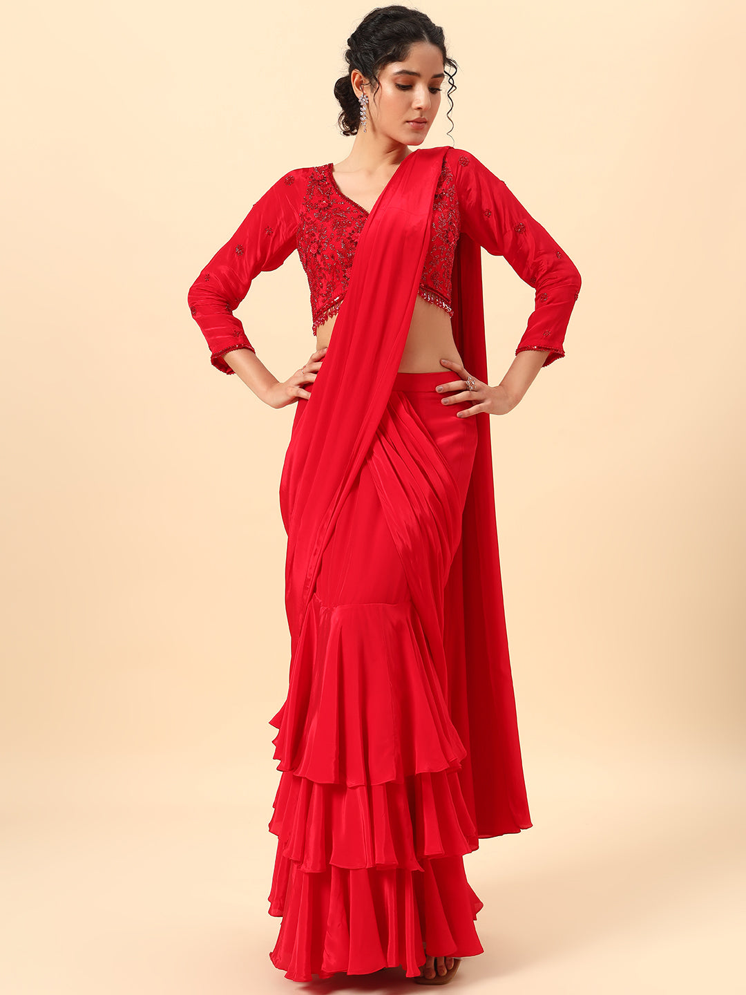 Beautiful Cherry Red Drape saree