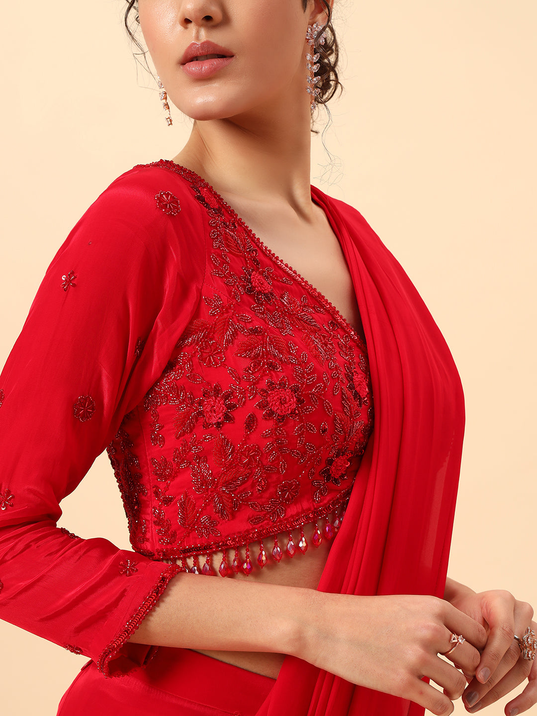 Beautiful Cherry Red Drape saree