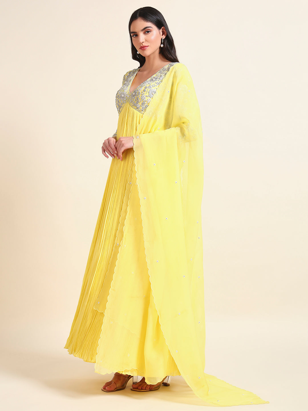 Lemon Yellow Embroidered Anarkali Set