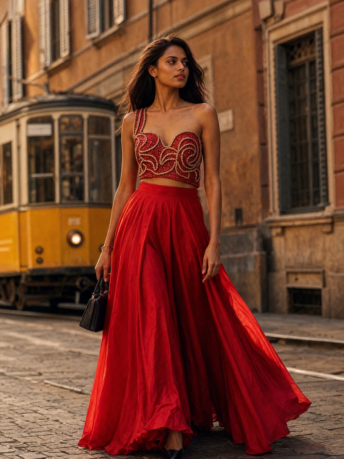 Ruby Swirl Embroidered Crop Top & Flared Skirt Set