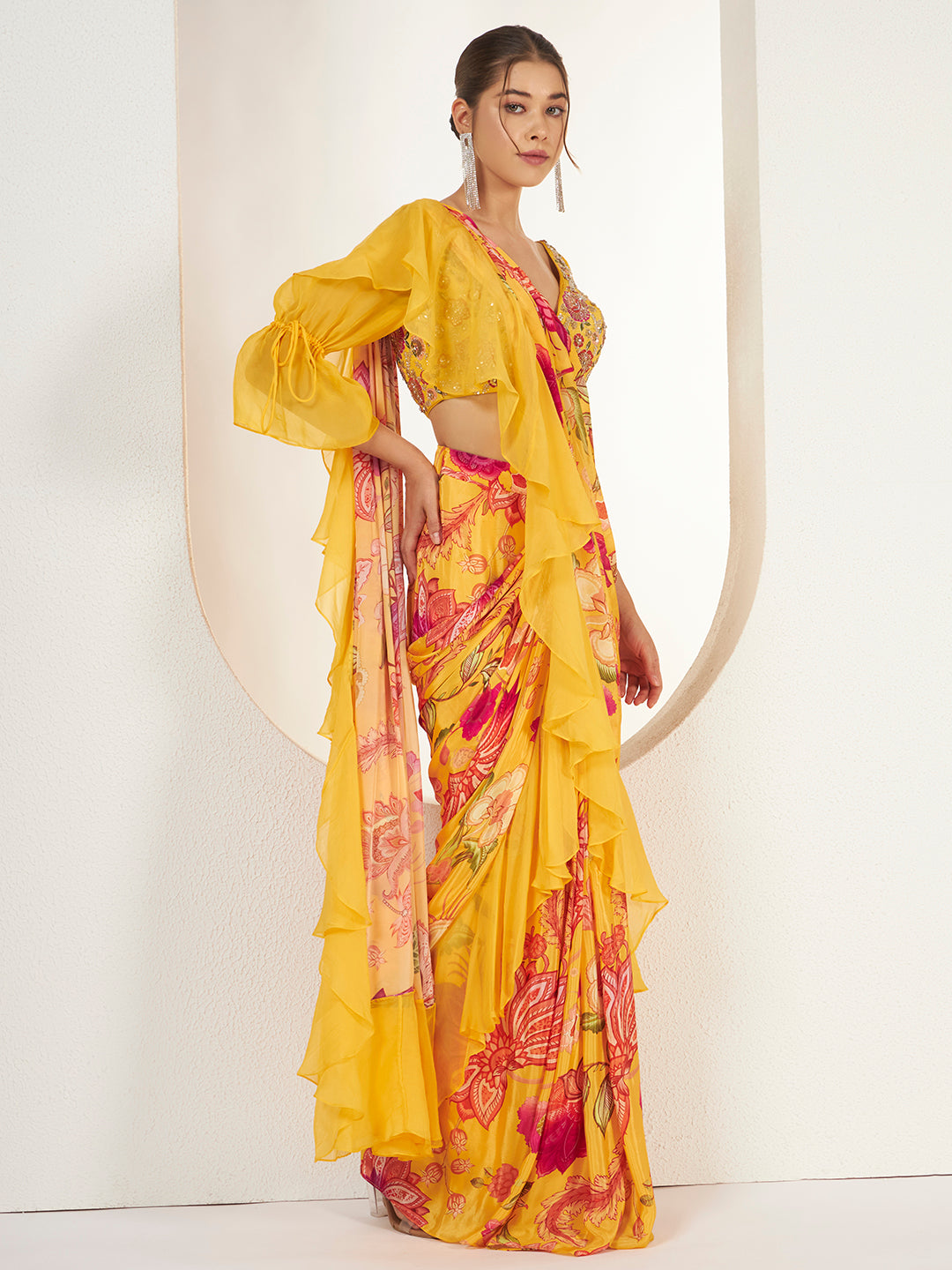 Marigold Floral Ruffle Pre-Draped Saree — view 5