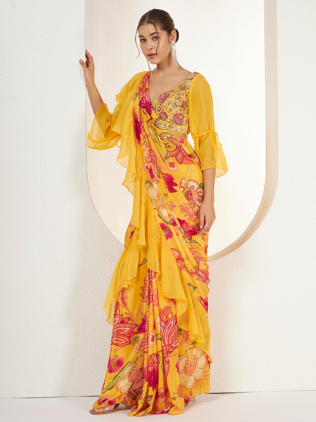 Marigold Floral Ruffle Pre-Draped Saree — view 4