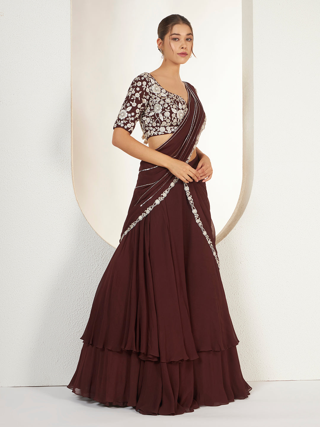 Wine Pre-Draped Lehenga Saree — view 1