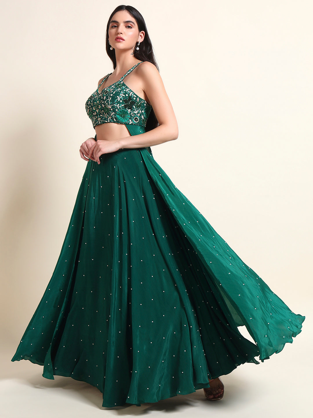 Bottle Green Lehenga with Drape — view 4