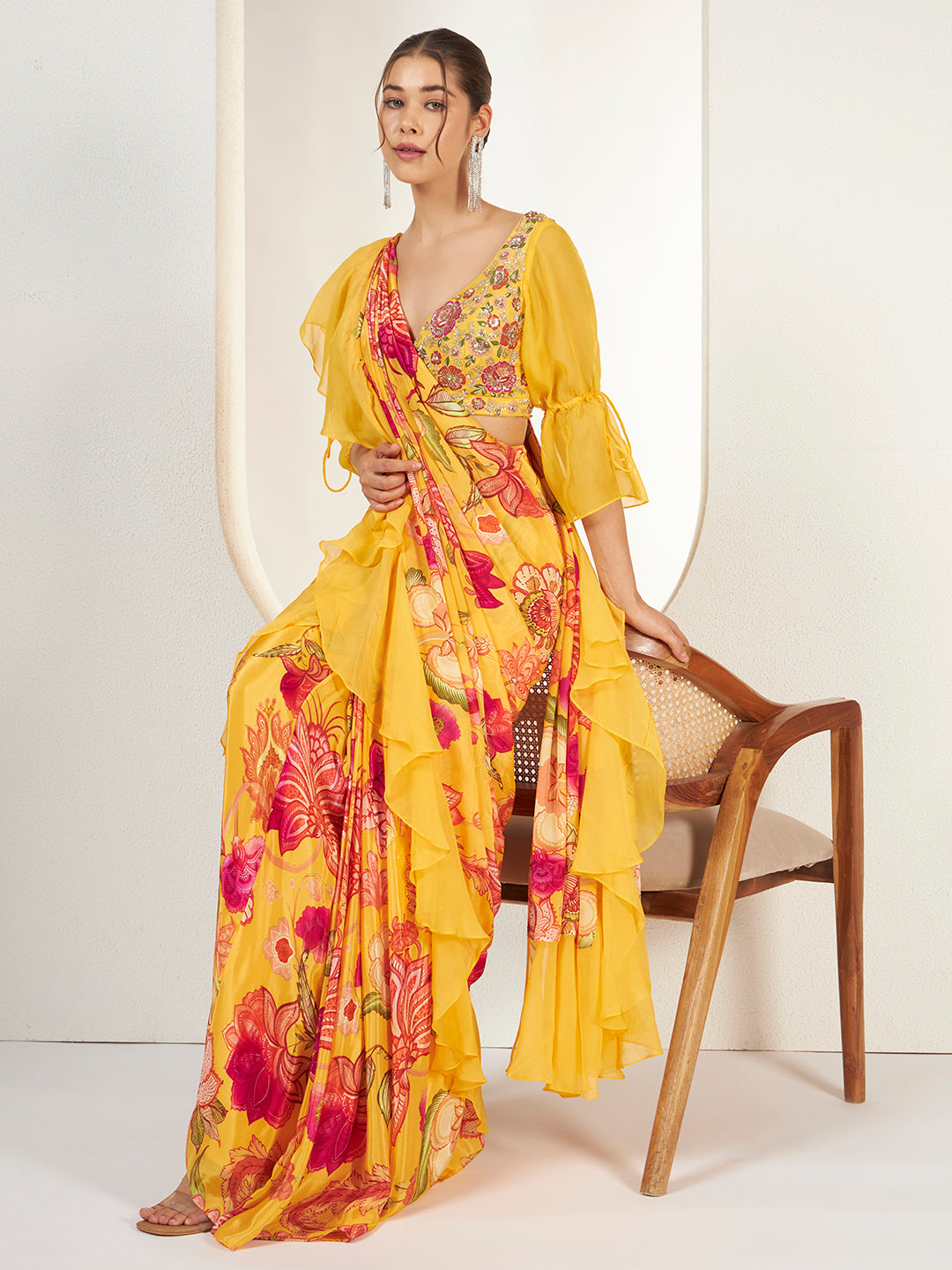Marigold Floral Ruffle Pre-Draped Saree — view 1