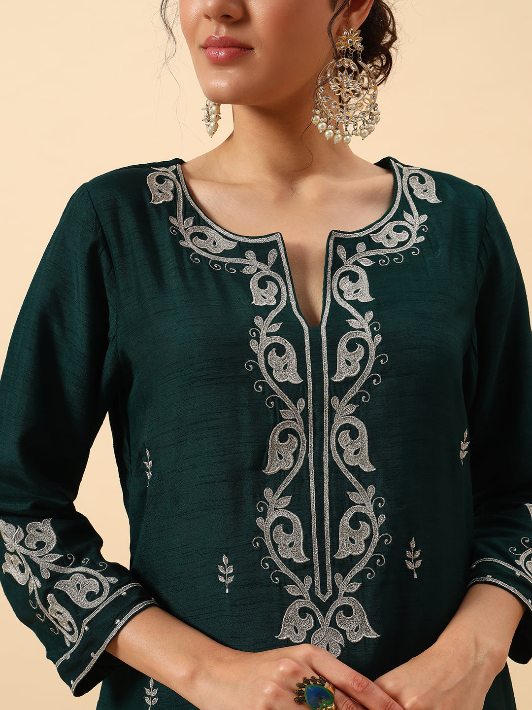 Forest Green Embroidered Kurta — view 1