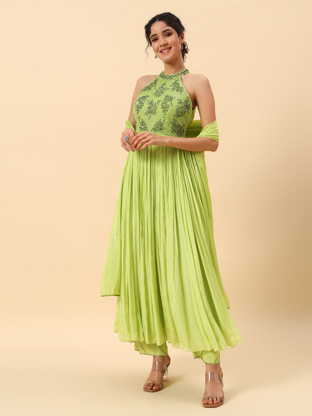 Lime Halter Anarkali Set — view 1