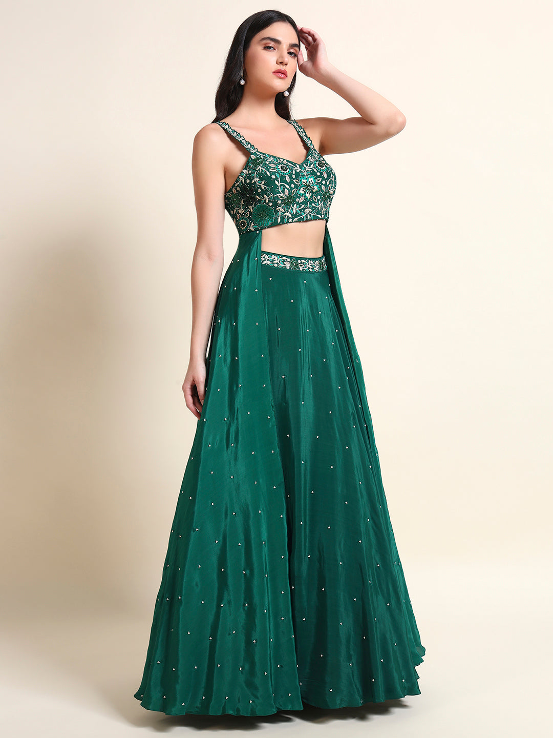Bottle Green Lehenga with Drape — view 2