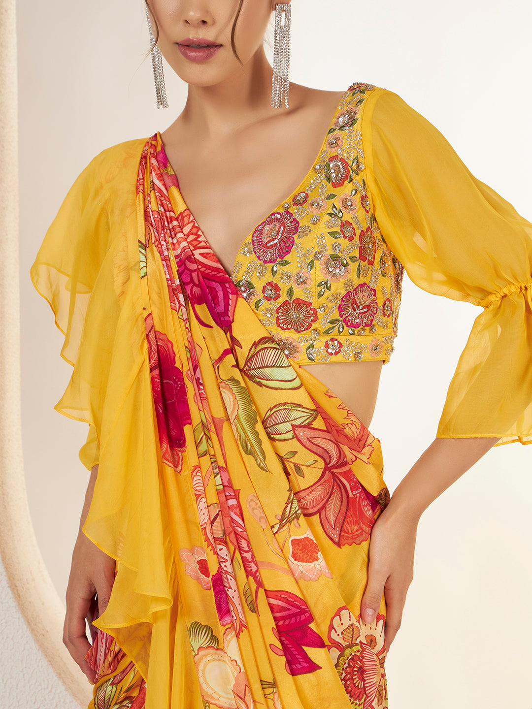 Marigold Floral Ruffle Pre-Draped Saree — view 6