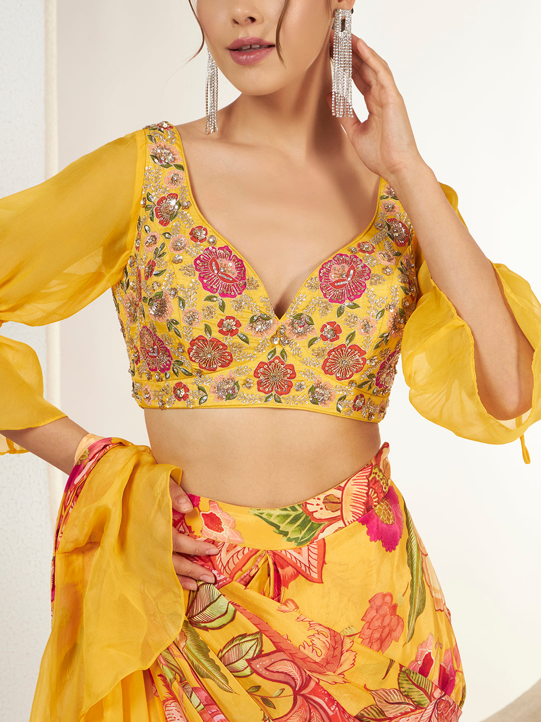 Marigold Floral Ruffle Pre-Draped Saree — view 8
