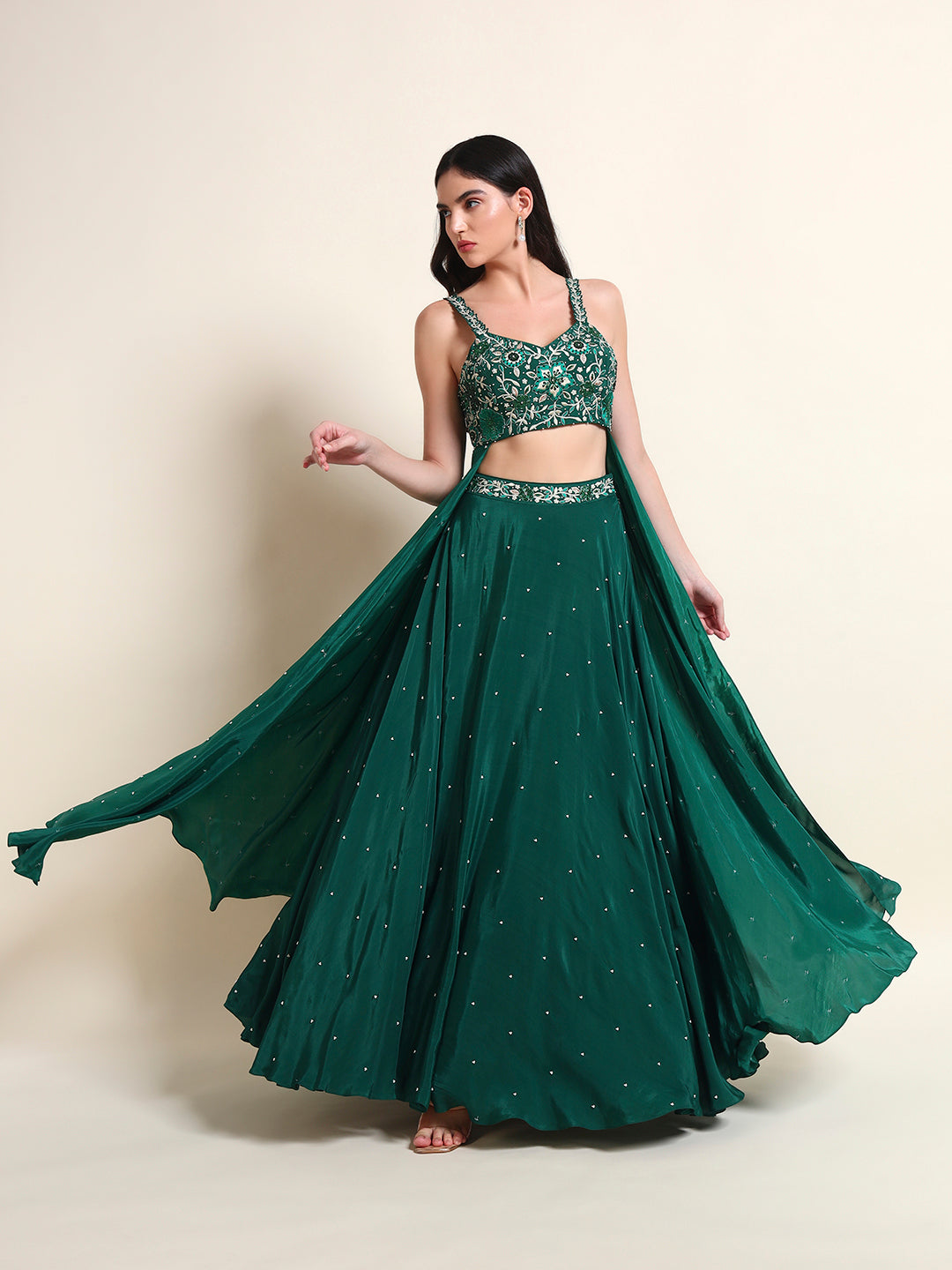 Bottle Green Lehenga with Drape — view 5