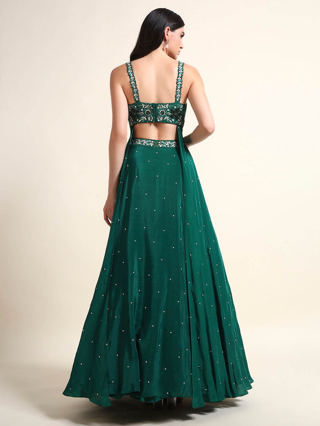 Bottle Green Lehenga with Drape — view 7
