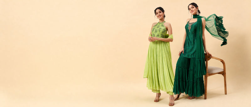 Kashika — lime anarkali and emerald sharara
