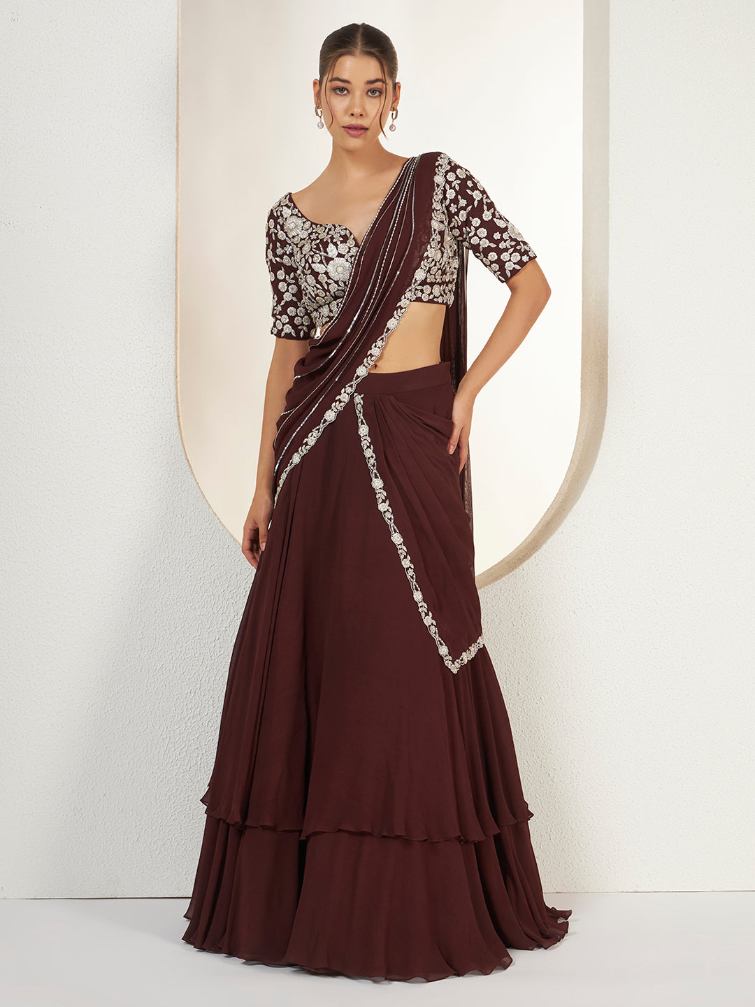 Wine Pre-Draped Lehenga Saree — view 2