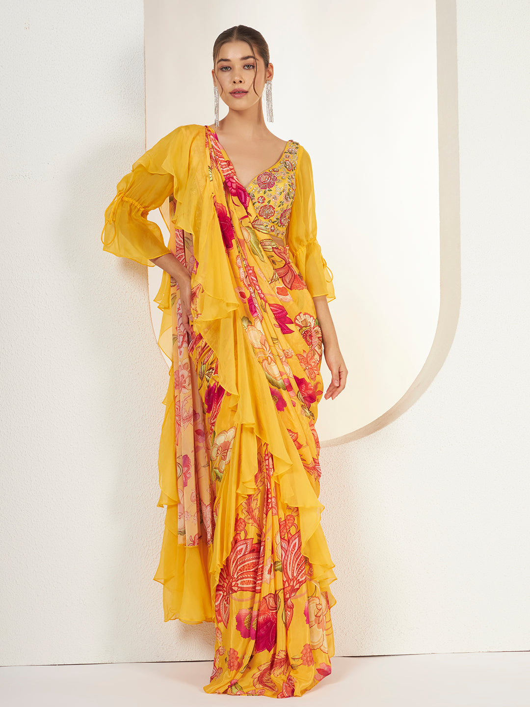 Marigold Floral Ruffle Pre-Draped Saree — view 3