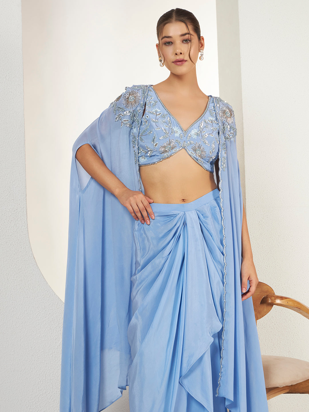 Powder Blue Drape Skirt & Cape Set — view 9