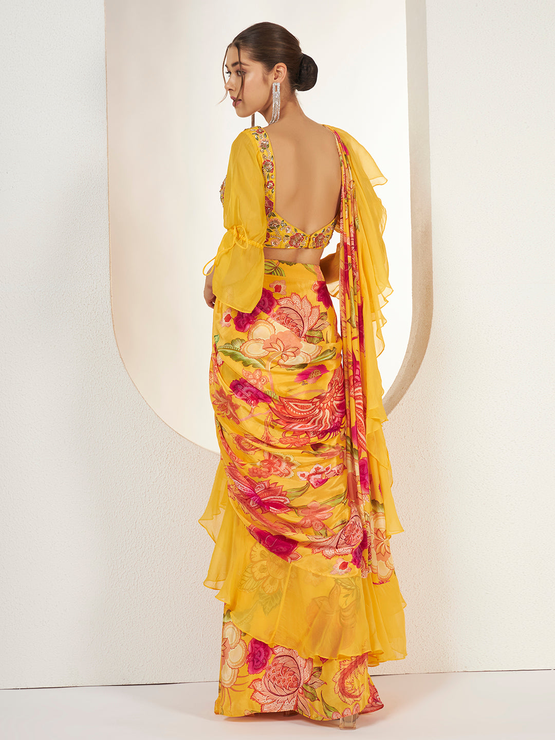 Marigold Floral Ruffle Pre-Draped Saree — view 2