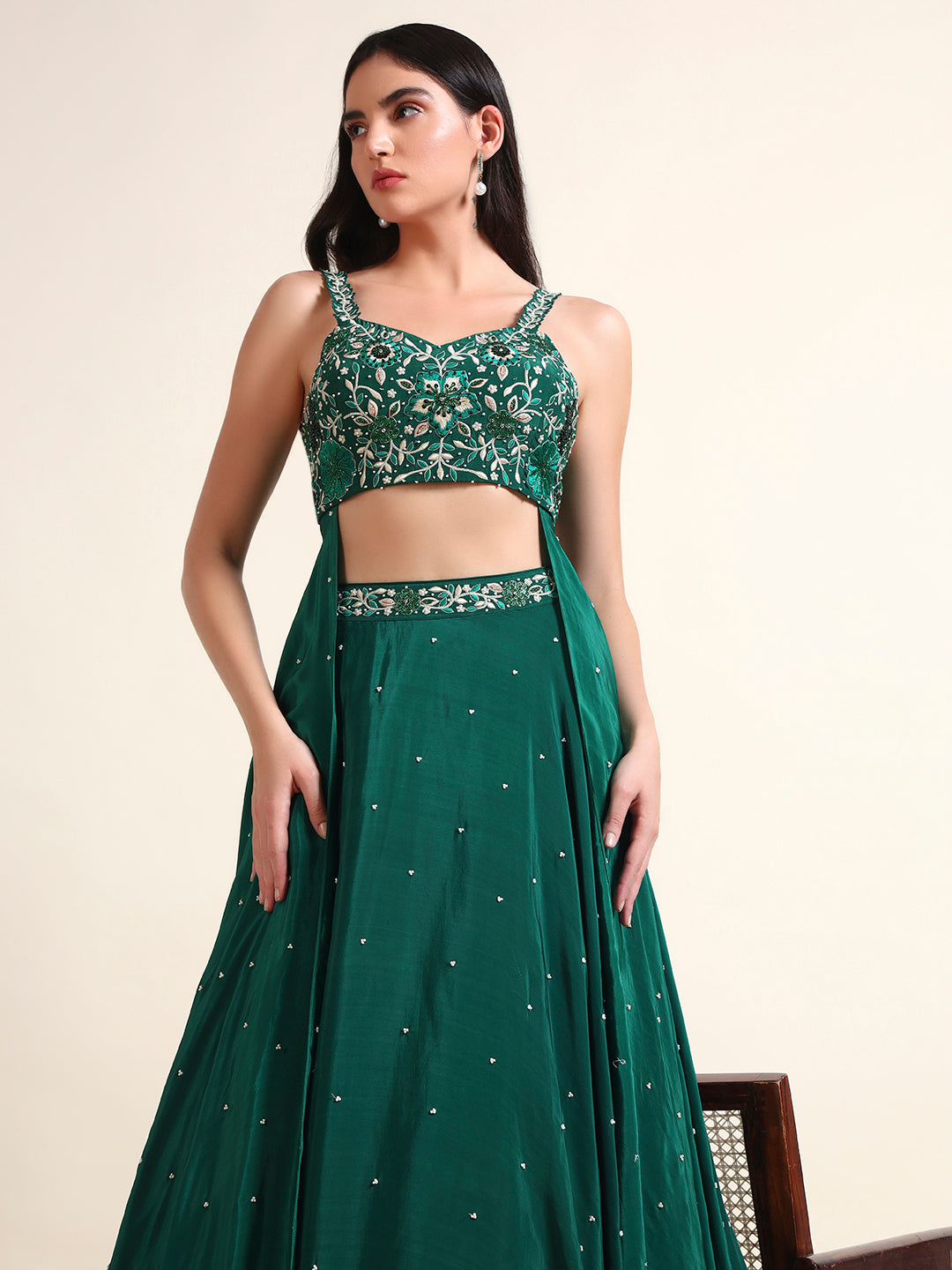 Bottle Green Lehenga with Drape — view 1