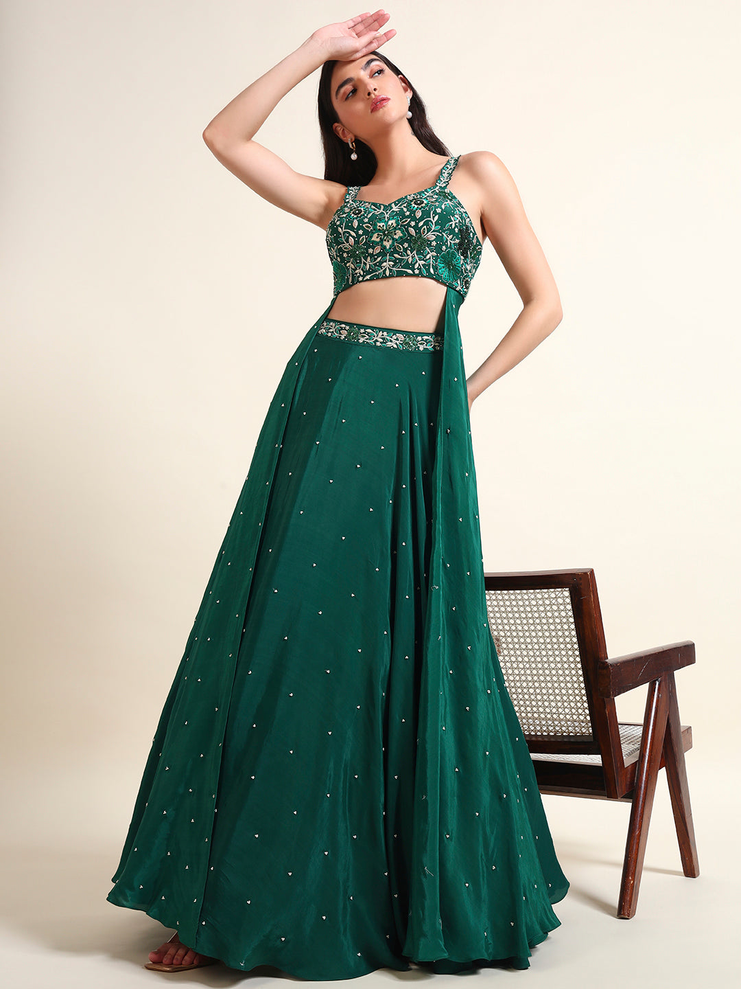 Bottle Green Lehenga with Drape — view 6