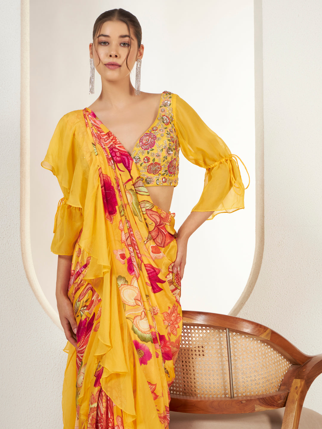 Marigold Floral Ruffle Pre-Draped Saree — view 7